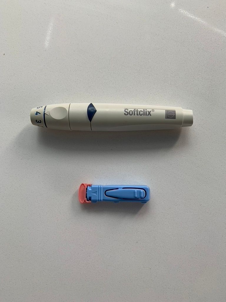 Showing the pen-like Softclix lancet device (top), and smaller single Unistik lancet below.