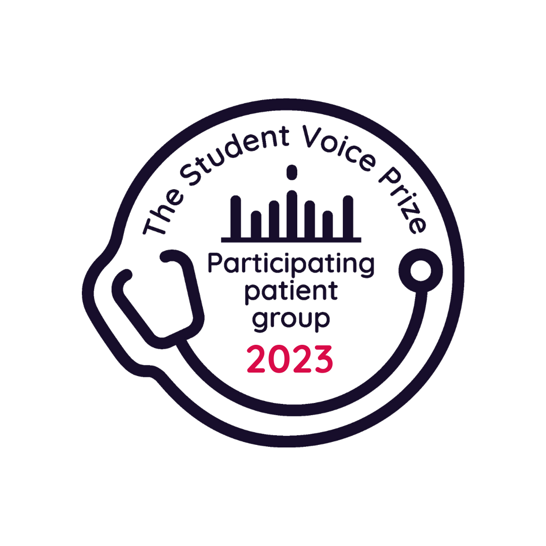 Badge which shows that Pauline was a participating patient in the 2023 Student voice Prize run by Beacon