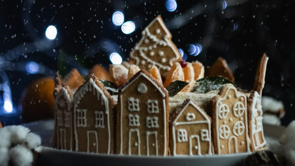 Photo by Diliara Garifullina / Unsplash homemade gingerbread buildings in a street scene standing upright on a plate.