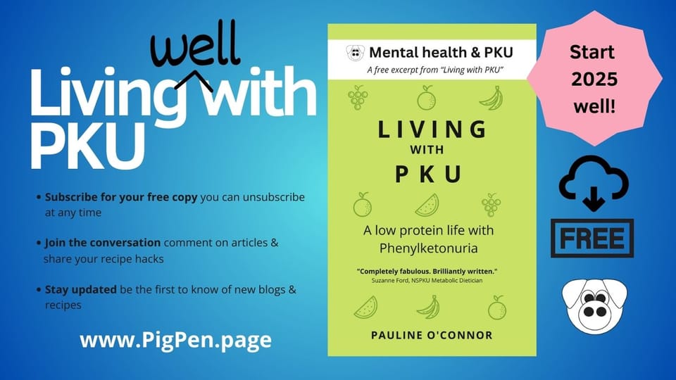 Promotional image for Living with PKU, offering a free excerpt. Features the book cover, subscription info